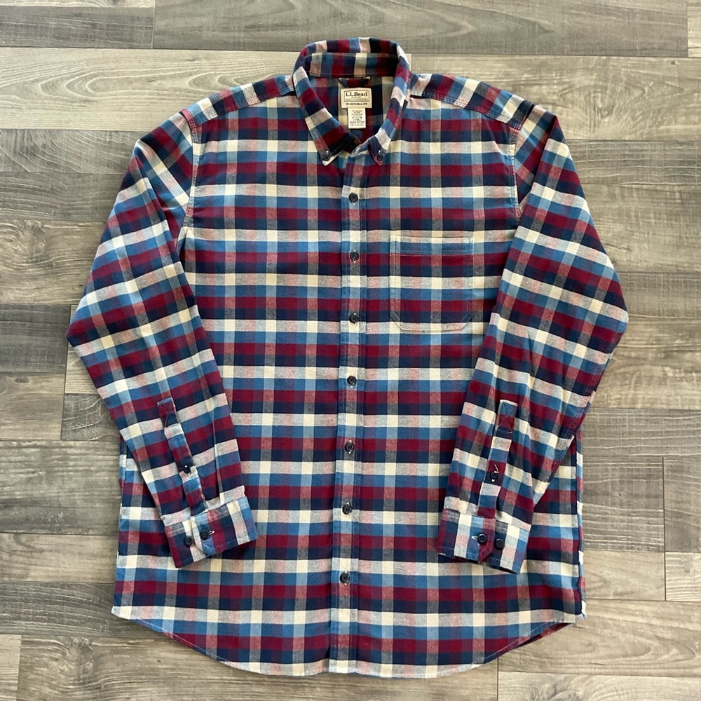 LL Bean Organic Cotton Flannel Shirt Mens LARGE TALL Blue Red Tan Stretch 512329